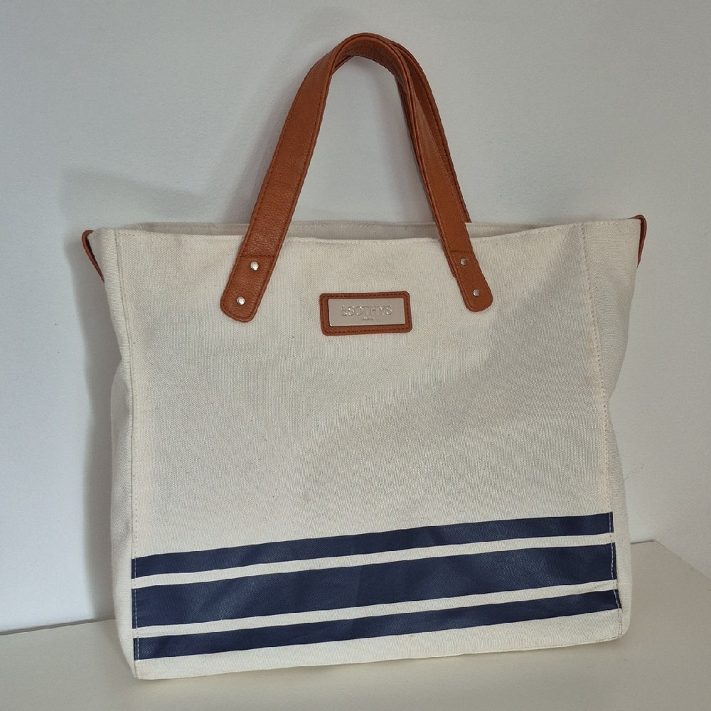 Sothys Paris Canvas Cream and Navy Tote Bag with Tan Accents.